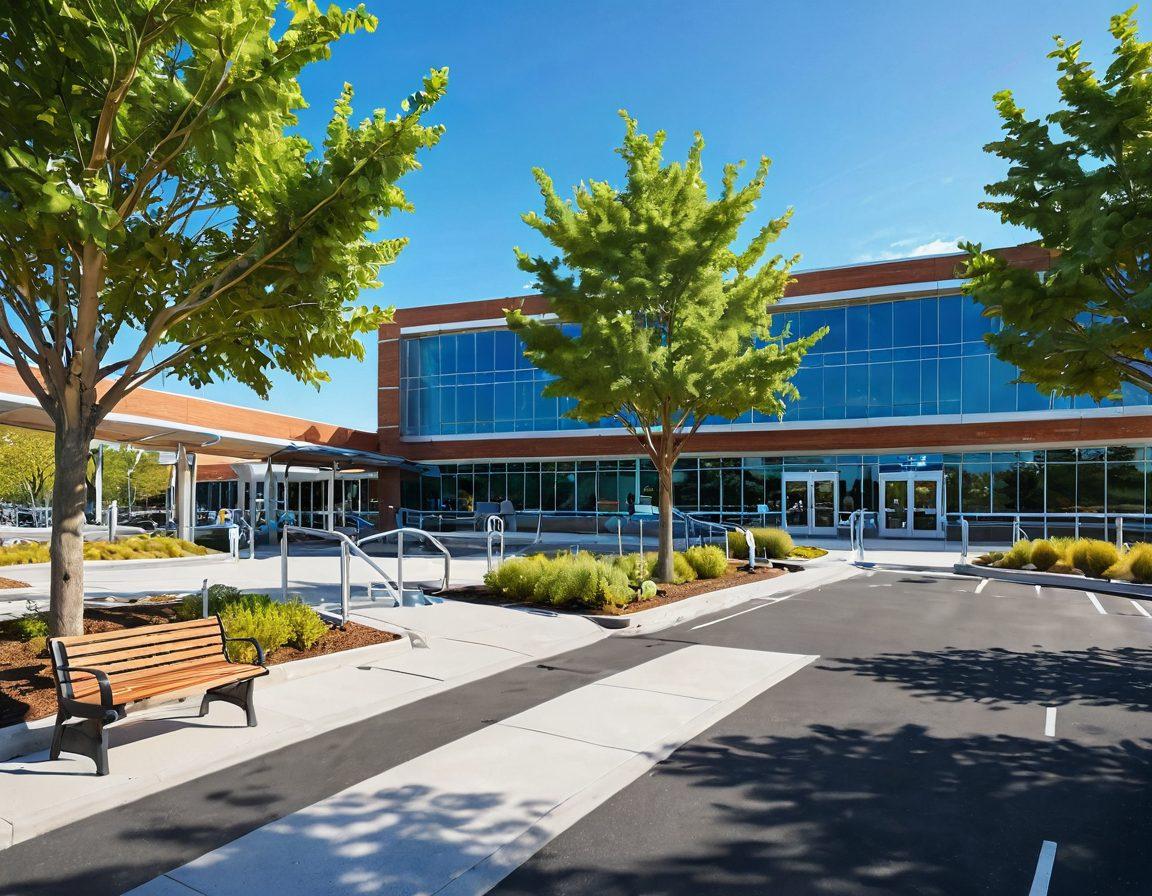 A serene hospital scene featuring a smart parking lot seamlessly integrated with a cancer care center, showcasing caregivers and families supporting patients. Include futuristic parking technology, trees, and benches symbolizing community support. A bright blue sky symbolizes hope, while soft, warm lighting creates a comforting atmosphere. modern illustration. vibrant colors. 3D.