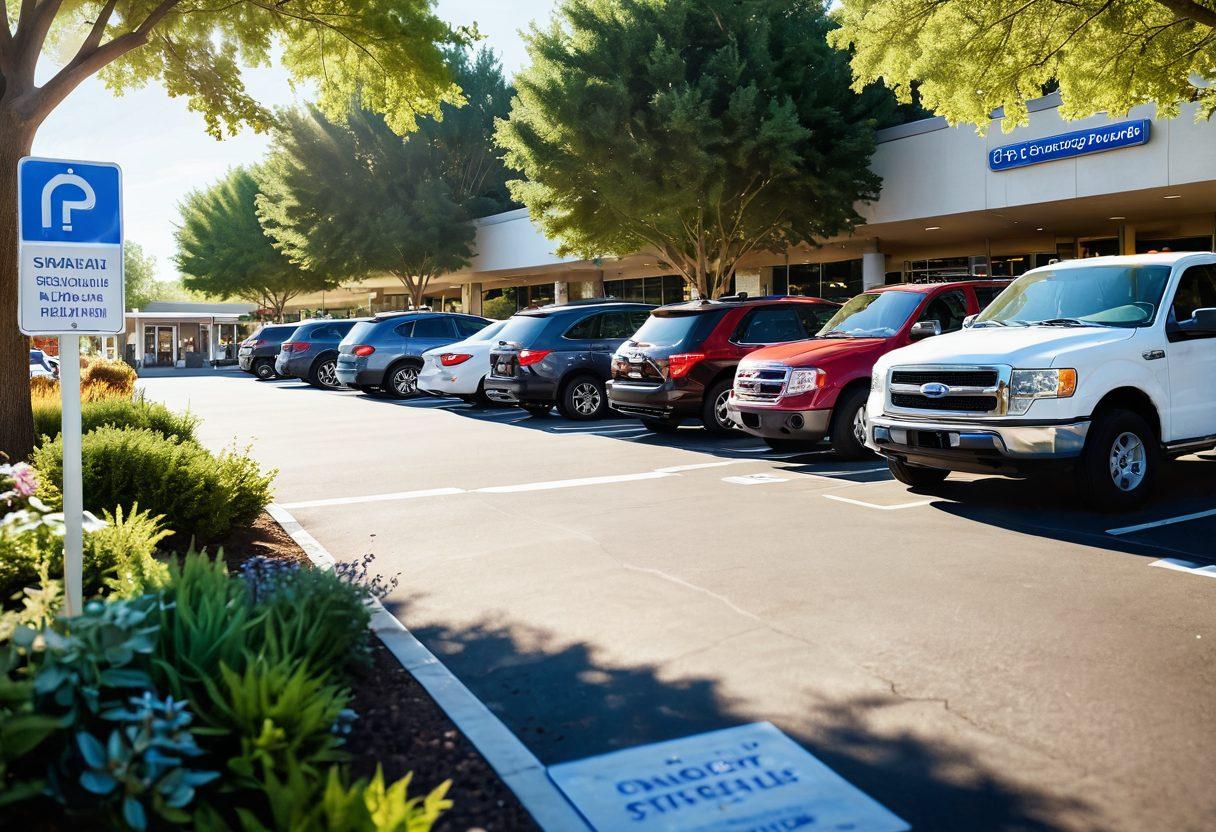 An evocative parking lot scene, showcasing a diverse group of patients and families embarking on their oncology journeys, with informative signs about strategic parking leading the way. Include elements like supportive healthcare workers and calming greenery around the area, symbolizing hope and healing. Sunlight filtering through, creating a warm atmosphere. super-realistic. vibrant colors. soft-focus background.